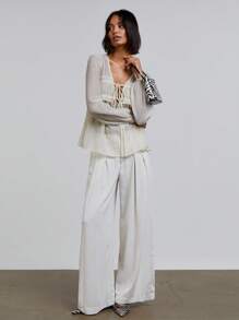 Athîral 女式纯色前系带长袖褶皱时尚衬衫