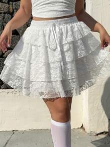 Sunnyshic Cute Lace Ruffle Hem Mini Skirt, Vacation - White - View 1