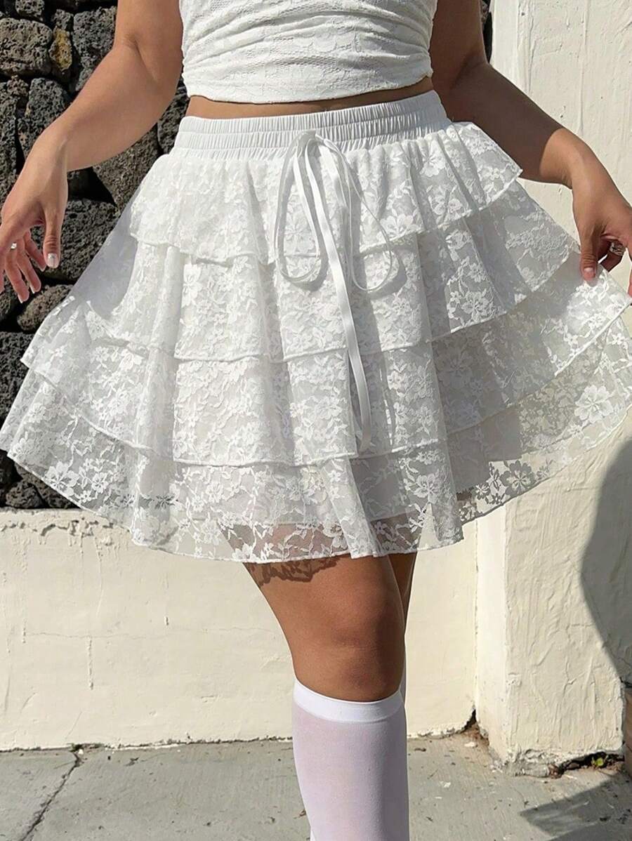 Sunnyshic Cute Lace Ruffle Hem Mini Skirt, Vacation - White - View 1