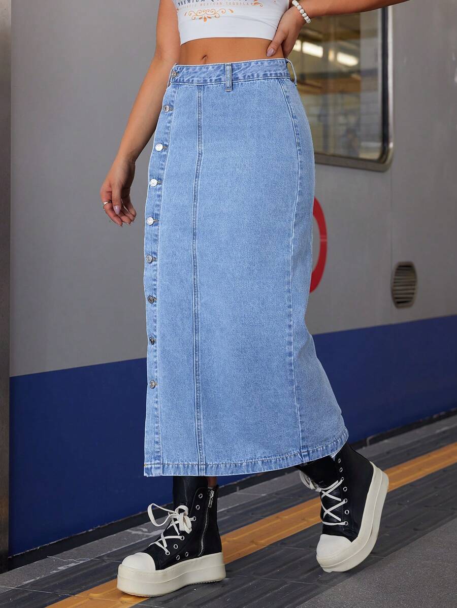 SHEIN Tall Women's Diagonal Placket Washed Denim Maxi Skirt - Light Wash - View 1