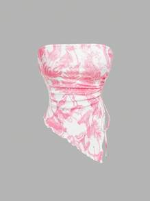 SHEIN MOD Women Floral Pattern Asymmetric Hem Bandeau Top,Retro Vests, Nomadic Vests, Pirate Tops, New Year Top,Cowgirl Costume,Hippie Women Clothes,Fuchsine Corset Top - Hot Pink - View 1