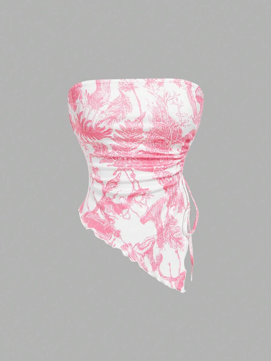 SHEIN MOD Women Floral Pattern Asymmetric Hem Bandeau Top,Retro Vests, Nomadic Vests, Pirate Tops, New Year Top,Cowgirl Costume,Hippie Women Clothes,Fuchsine Corset Top - Hot Pink - View 1