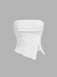 SHEIN MOD Áo Bandeau ren trơn màu thanh lịch, viền bất đối xứng, dự tiệc, đi chơi, quần áo Hippie - trắng - Xem 1