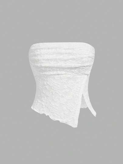 SHEIN MOD Elegant Solid Color Lace Ruffle Asymmetric Hem Bandeau Top,Homecoming,Going Out,Hippie Clothes