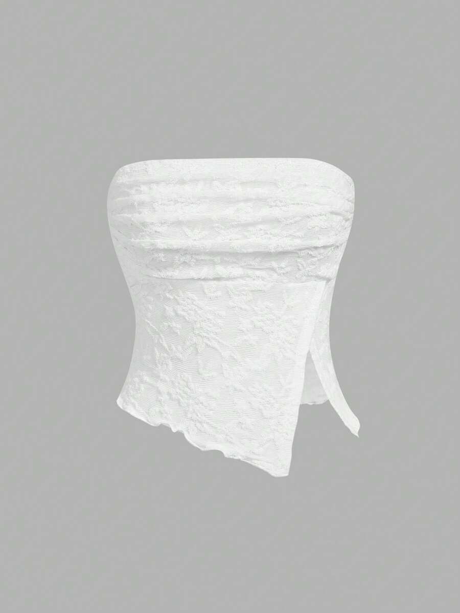 SHEIN MOD Áo Bandeau ren trơn màu thanh lịch, viền bất đối xứng, dự tiệc, đi chơi, quần áo Hippie - trắng - Xem 1