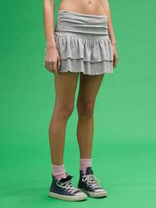 COUREZ 翻边低腰针织荷叶边迷你裙 Y2K 复古 100% 棉 - 灰色 - 查看 2