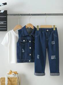 SHEIN 3 件套：小男孩无袖 T 恤、牛仔夹克和长裤 - 寶藍色 - 查看 4