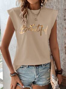 INAWLY Áo thun nữ tay ngắn in chữ và trái tim - Màu Khaki - Xem 5