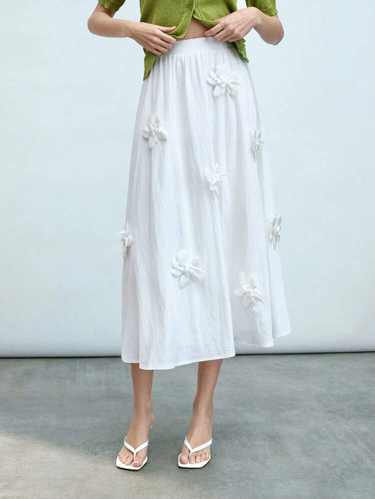 SHEIN Maija Women's Summer White Elastic Waist Fashionable Elegant Solid Color 3D Floral Decor Casual Vacation Daily Skirt Going Out Outfits