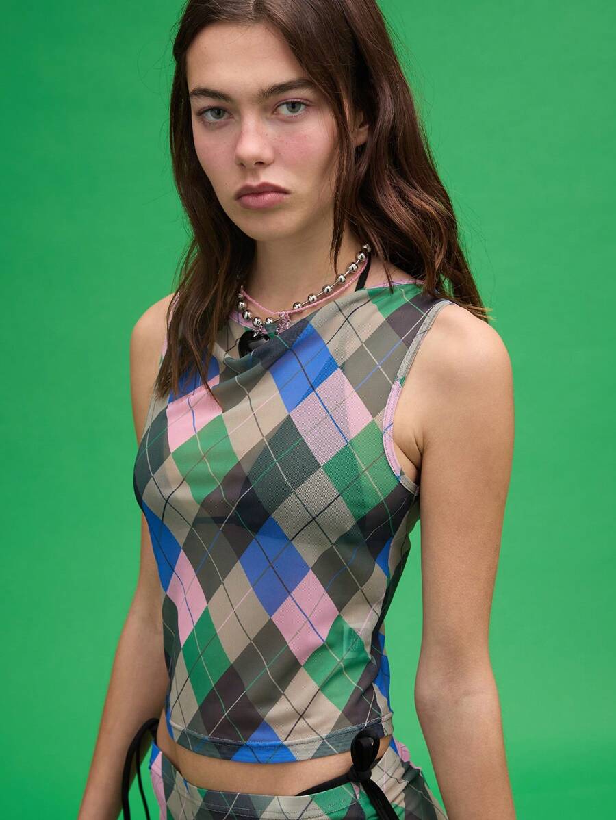 COUREZ Top de verano con cuello con corte y estampado de argyle vintage Y2K