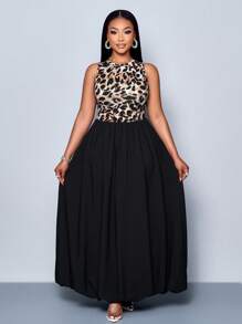 Maweii Women Plus Size Spring Summer Casual Elegant Solid Color Leopard Print Splicing Simple Daily Ruched Waistline Ruffle Hem Lantern Flower Bud HemSleeveless Tank Long Dress - Black - View 3