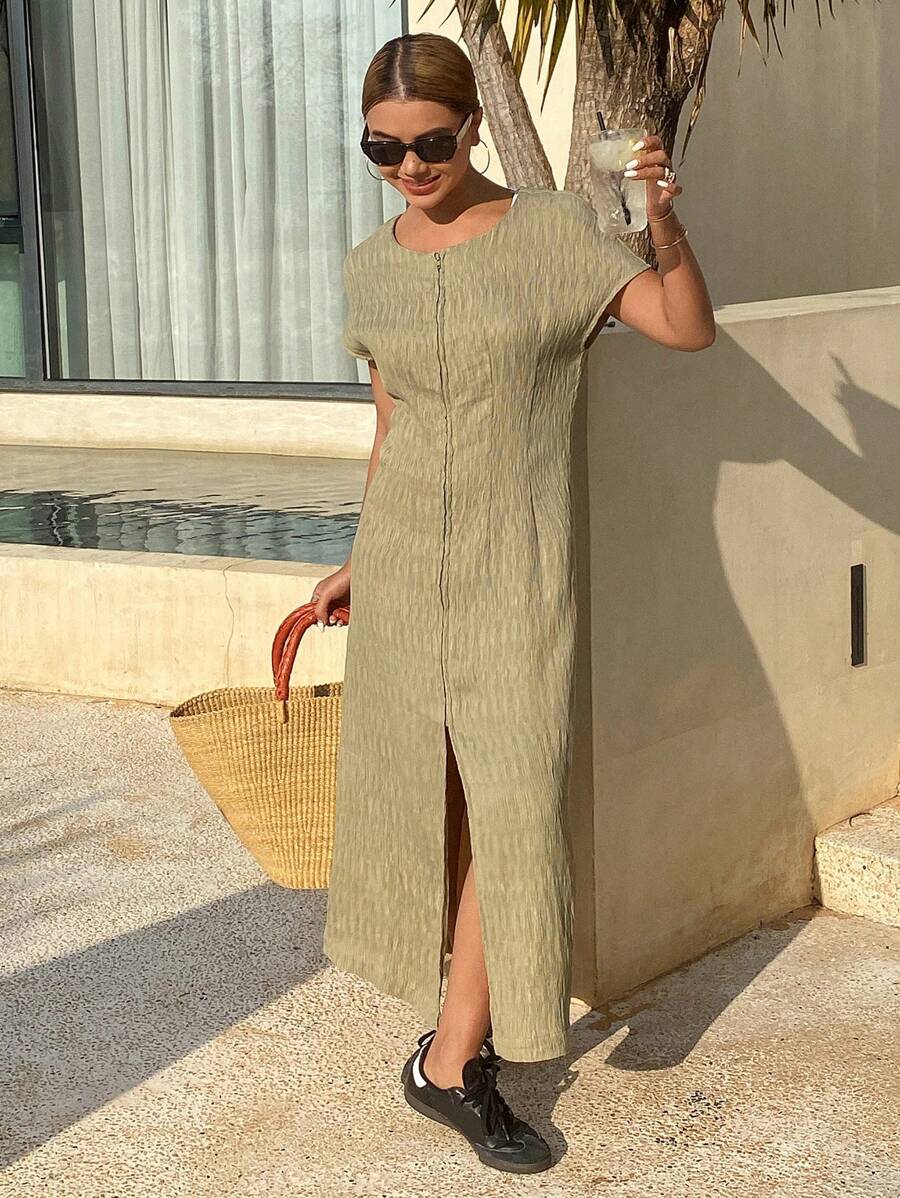DAZY Women Textured Fabric Solid Color Round Neck Zip Up Long Dress Sundress,Casual Women Dresses,Teacher Outfits - Green - View 1