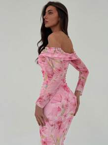 Aloruh Váy lưới dài tay trễ vai in họa tiết hoa hồng ngày lễ tình nhân dành cho nữ - Nhiều màu - Xem 2