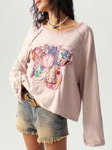 Bohemela 大码纯色针织圆领长袖宽松水洗 T 恤 - 淺灰色 - 查看 4