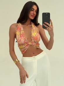 Aloruh 女士节日性感碎花露背吊带上衣 - 粉色 - 查看 7