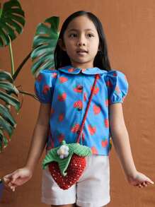 SHEIN Young Girls Strawberry Print Puff Sleeve Collared Button-Down Blouse, Vacation Style Countryside Aesthetic - Blue - View 5