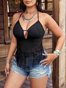 SHEIN LUNE Plus Size Women's Bohemian Tassel Spaghetti Strap Suede Camisole, Western Wear