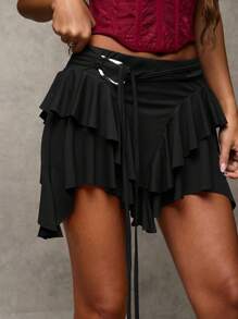 SHEIN BAE Women's Solid Color Metal Button Decor Asymmetrical Hem Mini Skirt, Suitable For Holidays, Valentine's Day, Going Out, Date Nights, New Year