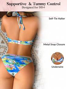 Swim DD+ Romantic Palm Tree Print Halter Push-Up Bikini Set, For Summer Beach Vacation - Multicolor - View 2