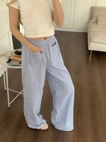 CovetEZ Women's Casual Striped Wide Leg Pants - Blue - View 4