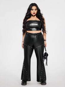 SHEIN ICON Pantalones acampanados de piel de poliuretano negra talla grande con estilo Y2k, pantalones acampanados con decoración de ojo de cerradura en la cintura plisada, estilo punk
