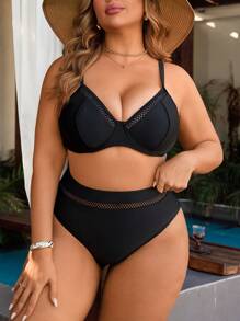 Swim Lushoire 大码女式两件套泳衣比基尼套装，带钢圈支撑，性感镂空肩带设计，成熟纯色简约风格度假，夏日海滩 - 黑色 - 查看 4