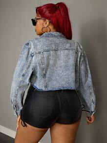 SHEIN SXY Plus Ripped Raw Cut Denim Jacket - Blue - View 2