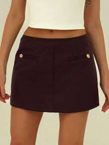 Aloruh Women's Solid Color Button Design A-Line Short Casual Skirt - Burgundy - View 1