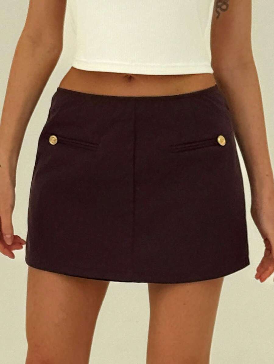 Aloruh Women's Solid Color Button Design A-Line Short Casual Skirt - Burgundy - View 1