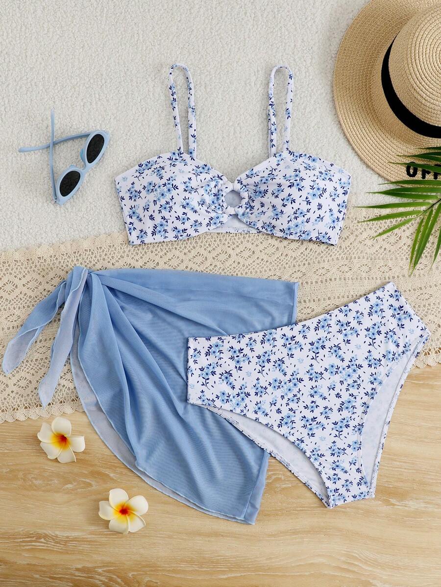 3pcs Teen Girl Ditsy Floral Bikini Set, Summer Beach - Multicolor - View 1