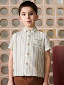 年轻男孩休闲条纹短袖衬衫，乡村风格 - 米色 - 查看 1