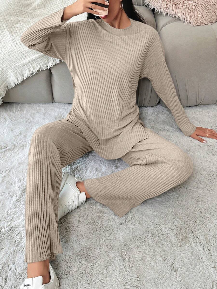 SHEIN PETITE Petite Women Casual Cotton Drop Shoulder Split Hem Tee & Pants - Beige - View 1