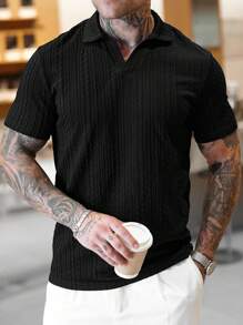 Manfinity Homme Men's Casual Daily Wear And Vacation Attire, Featuring A Black Knitted V-Neck Short-Sleeve Polo Shirt With A Geometric Textured Solid-Color Jacquard Design. This Polo Is Suitable For Refreshing Looks In All Seasons And Is Perfect For Hawaiian Beach Vacation. It's Also Great For Couple Matching And Serves As An Excellent Gift Idea For Boyfriends Or Husbands, Ensuring A Stylish Combination - Black - View 1