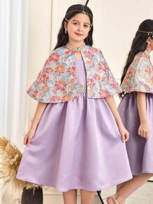 SHEIN Leap Crew Tween Girl Fit Elegant Casual Jacquard Small Stand Collar Waistcoat Dress & Cape Two-Piece Set - Purple - View 3