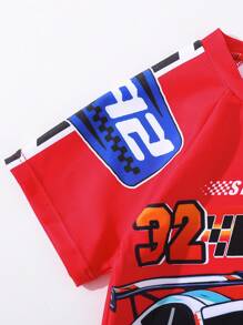 SHEIN 3pcs/Set Young Boy Kids Comfortable, Casual, Cute, Fashionable Racing Car Pattern Red Swimsuit Three Pieces Set With Swimming Cap, Suitable For Spring And Summer Seasons, Suitable For Outdoor Vacation, Swimming, Soaking In Hot Springs, Wearing Swimsuit Cover Up, Beach Swimming, Beach Surfing Vacation - Red - View 8