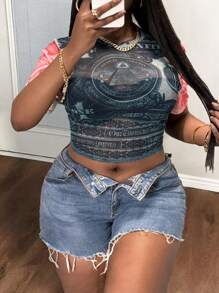 Slaydiva Plus Size Women's Money Print Sheer Mesh Short Sleeve Crop Top - Multicolor - View 1