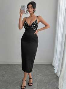 DAZY Women Black And Silver Rhinestone Sequin V-Neck Midi Dress,70s Summer Sparkly Slim Fit Suspender Prom Homecoming Party Night Out Carnival Outfit - Black - View 1