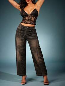 Denimoi Jeans mit Fassbeinen, offenem Reißverschluss und Waschung - Schwarz - Übersicht 4