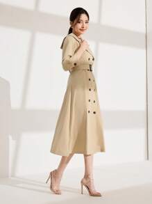 Modelyn Women's Solid Color Front Button Long Sleeve Simple Casual Dress - Beige - View 7