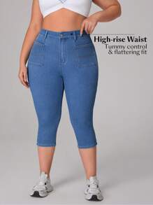 Flexra Plus Size Women Blue Elastic Denim Knit Capri Pants, Sexy Casual Cowgirl For Summer Outdoor Sports Summers For Women Festivals Elegant Vacations Woman - Blue - View 4