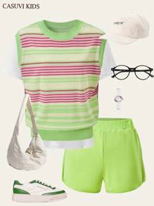 SHEIN Explorewe 2pcs/Set Girls Striped Lightweight Sweater And Shorts Set - Green - View 2