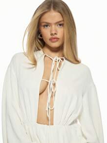 MISSGUIDED Boho Chic Long Sleeve Ruffle Mini Dress With Tie Front Detail Empire Waist Summer Spring Beach Wedding Guest Resort Wear Flowy Dress - White - View 4