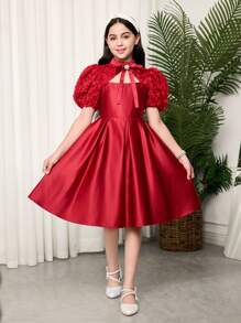 SHEIN 青少年女孩合身优雅镂空腰部喇叭形 A 字形连衣裙 - 紅色 - 查看 5