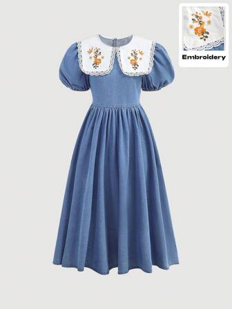 SHEIN Girlism 少女花卉刺绣设计蓝色牛仔荷叶边领泡泡袖 A 字裙，春夏女童休闲度假流浪汉装