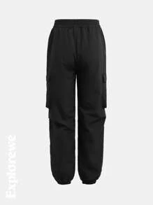 SHEIN Teen Girl Letter Print Cargo Pocket Drawstring Jogger Pants - Black - View 5