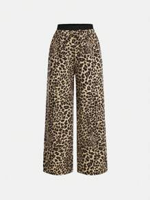 SHEIN Leap Crew Tween Girl's Contrast Black Waistband Leopard Print Fashion Woven Wide Leg Pants - Brown - View 2