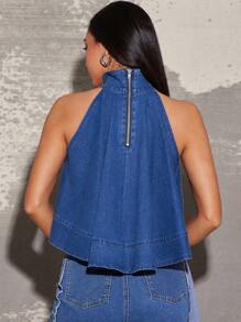 Vixey Ärmelloses Jeansshirt mit hohem Kragen und A-Linie, Streetwear für Frauen, Sommertops, Sommeroutfits für Frauen, Frühlingsoutfits für Frauen, Country, Western, Country-Konzert-Outfits, Boho, Boho-Frauenkleidung