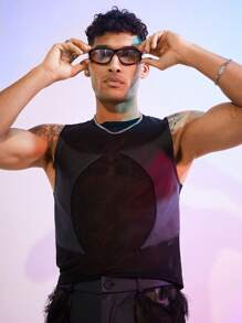 FeverCity Men's Elastic Leather & Mesh Splice Tight Tank Top - Black - View 4