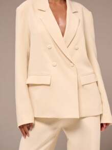 SHEIN X Scot Louie MUSERA Áo blazer dáng rộng, ve áo xẻ, hai hàng cúc, thanh lịch, chuyên nghiệp, công sở, thường ngày, đi nghỉ mát, mùa đông, đi làm, văn phòng, giới thượng lưu, hẹn hò, đi chơi, trở lại trường học, dự đám cưới, vest dễ thương, thường ngày, lịch sự, màu kem, may đo, ngày lễ tình nhân, mùa xuân, ngày lễ tình nhân. - Kem - Xem 7