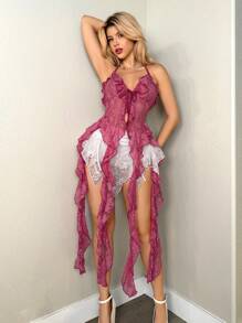 Sweetina Slim Fit Lace See-Through Long Ribbon Asymmetrical Hem Women Tank Top - Hot Pink - View 3